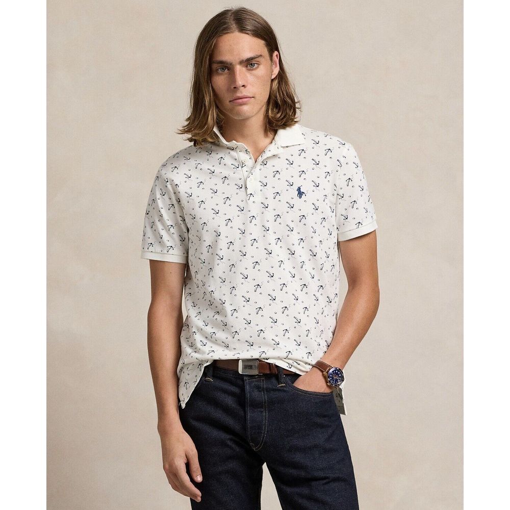 Polo Ralph Lauren Mens XXL Custom Slim Fit White Anchor Print‎ Mesh Polo Shirt